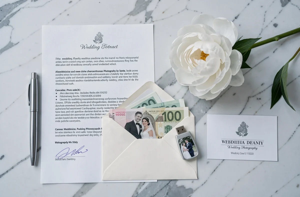 Contrat et tarifs d'un photographe de mariage présentés en flat-lay sur marbre blanc