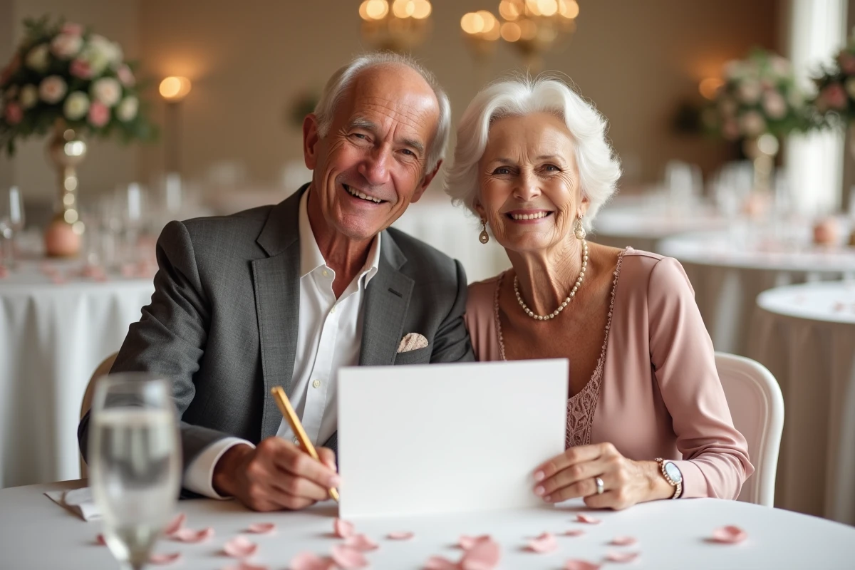 Couple de personnes âgées écrivant un message de félicitations humoristique sur une carte de mariage
