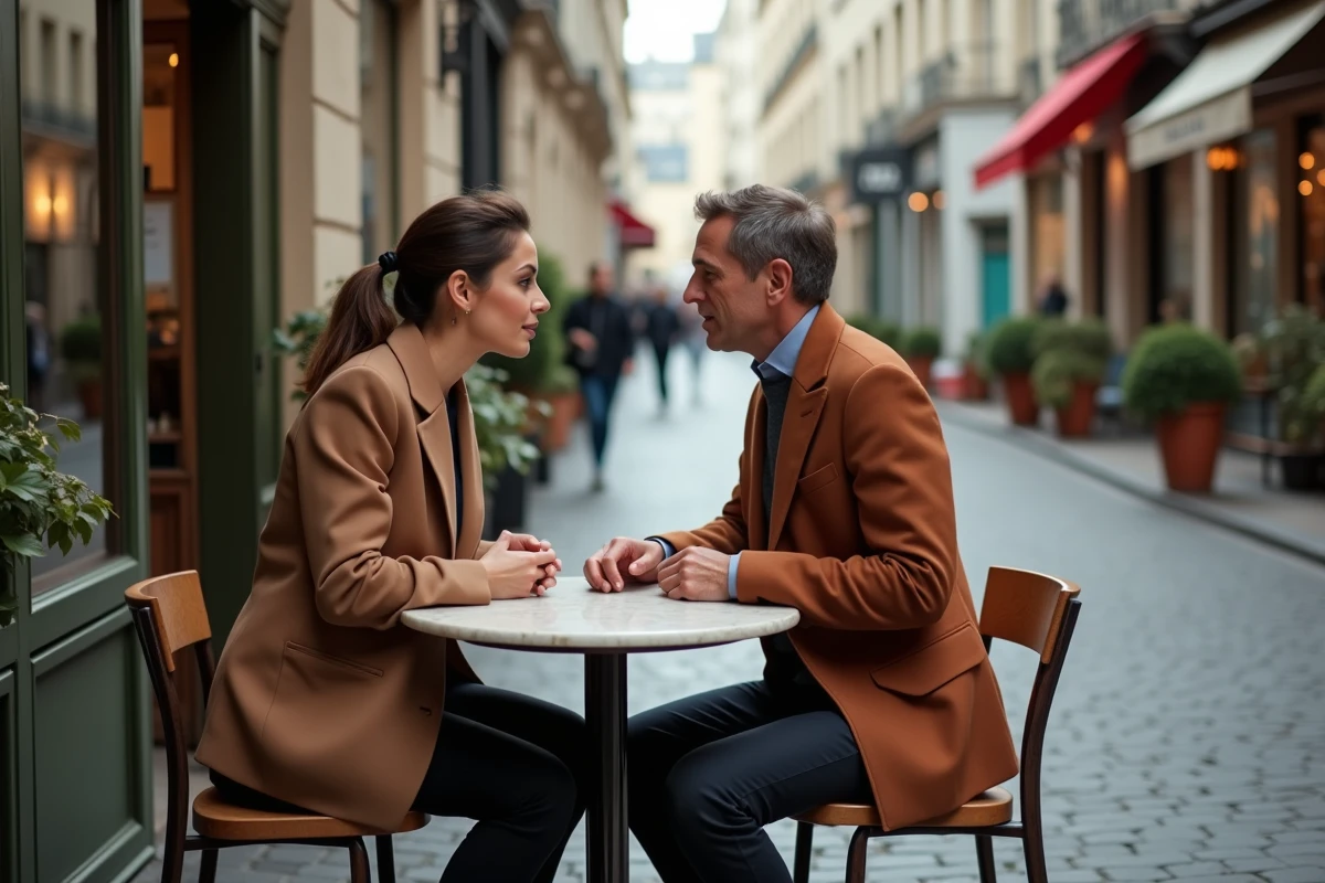 Couple discutant à une terrasse de café parisien dans une ruelle pavée, image illustrant la vie privée d'une personnalité publique et les rumeurs autour de sa vie sentimentale