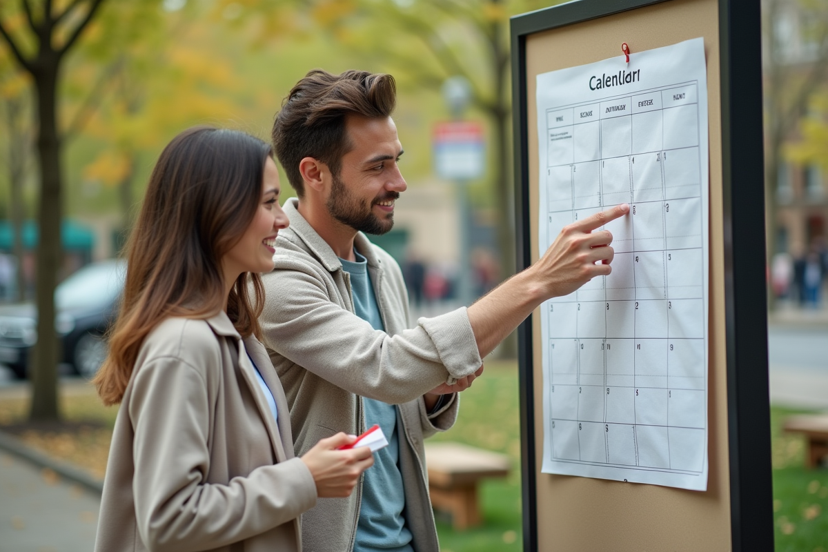 Couple regardant un calendrier dans un parc urbain