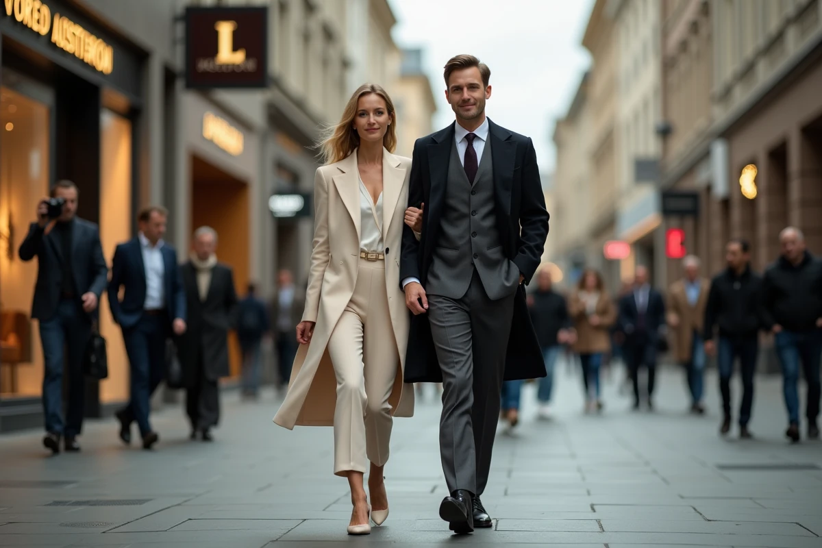 Couple célèbre marchant dans une avenue urbaine entouré d'une foule floue, symbolisant l'influence mutuelle entre vie conjugale et image médiatique publique