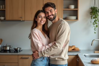 Jeune couple souriant dans une cuisine chaleureuse