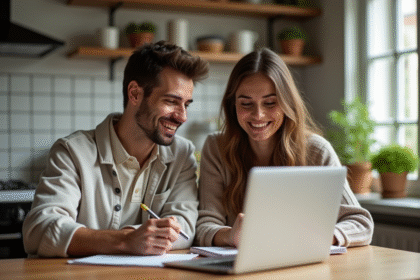 Jeune couple souriant préparant une demande de fonds lune de miel