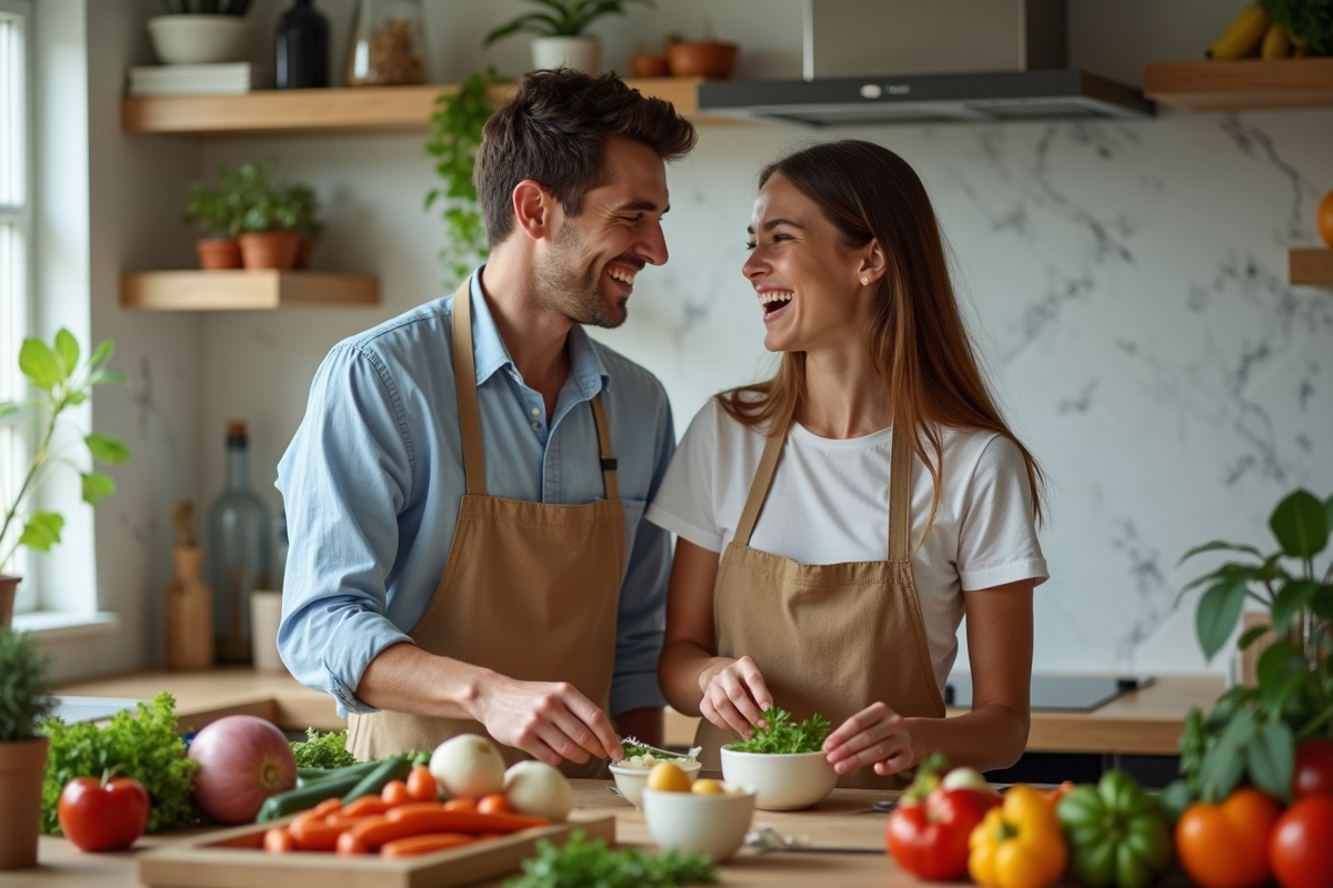 Couple dans une cuisine moderne partageant un moment joyeux