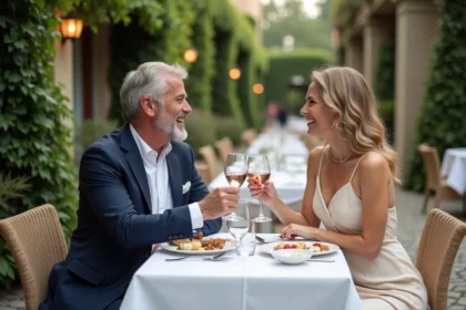 Couple souriant en terrasse de restaurant chic