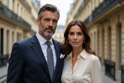 Couple élégant et discret dans une rue parisienne, illustrant la vie privée préservée de personnalités médiatiques