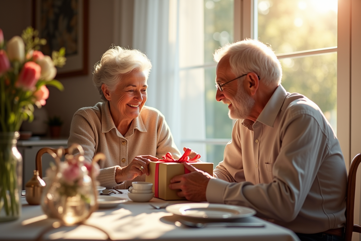 Couple âgé échangeant des cadeaux à une table décorée