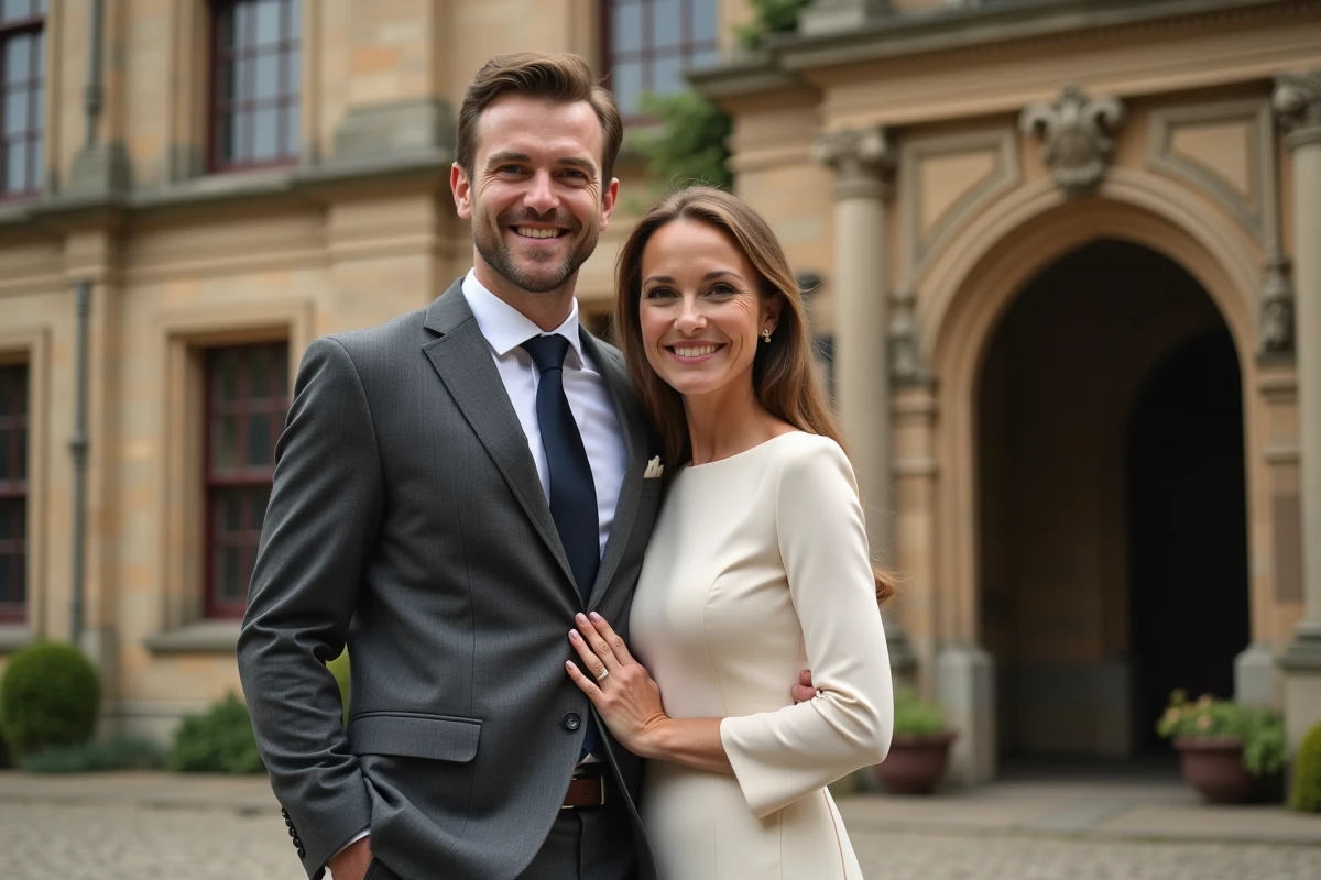 Couple élégant en tenue formelle devant un bâtiment historique en pierre lors d'une occasion officielle