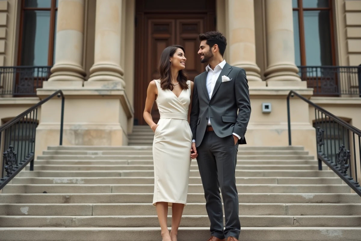 Couple élégant devant un bâtiment officiel français en tenue formelle, mariage civil atmosphère documentaire