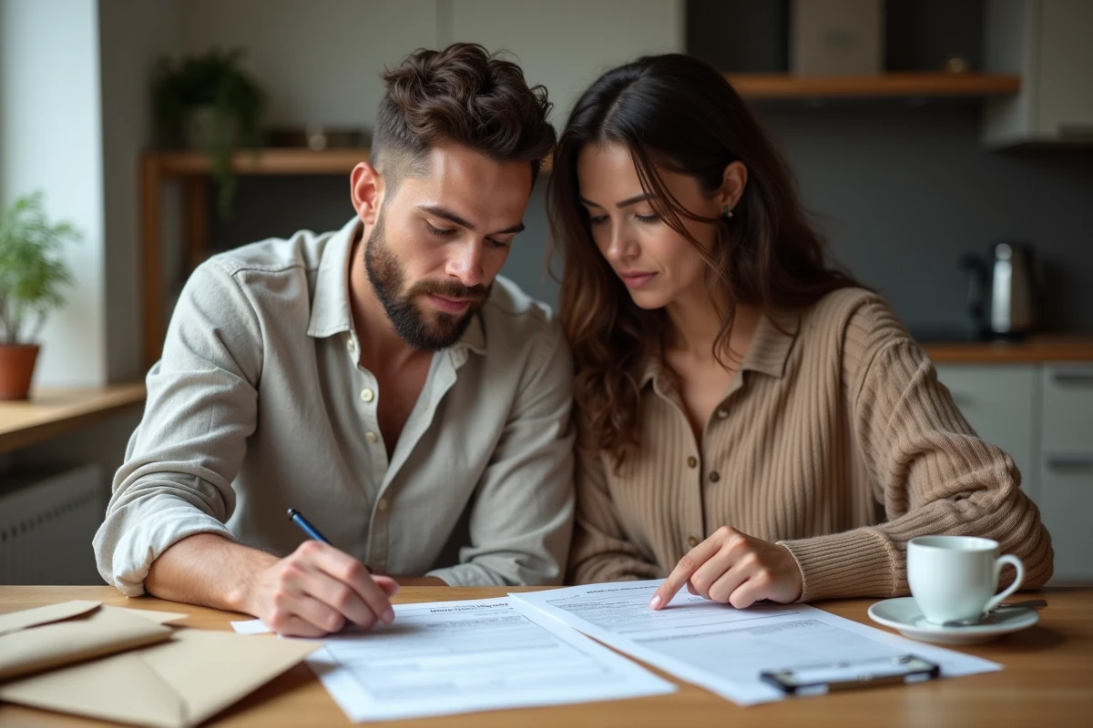 Couple consultant des formulaires de transcription de mariage célébré à l'étranger pour démarches administratives en France