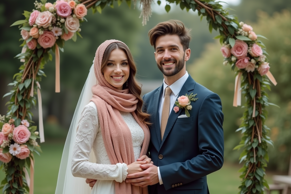 Couple souriant dans un jardin fleuri lors d'un mariage