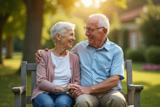 Couple mature assis sur un banc de jardin souriant