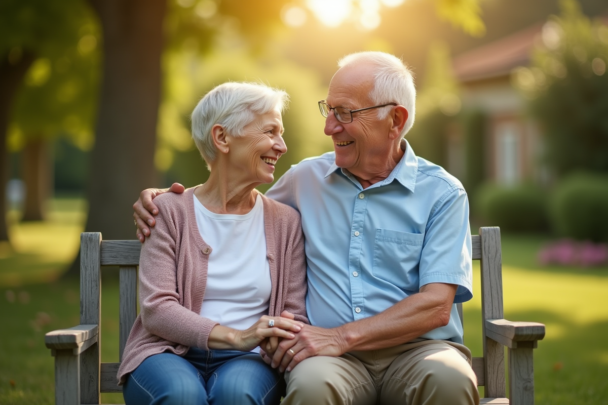 Couple mature assis sur un banc de jardin souriant