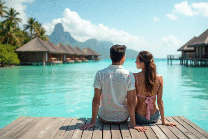 Jeune couple voyage sur un ponton au lagon turquoise