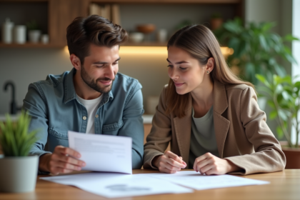 Jeune couple en cuisine examinant des documents importants