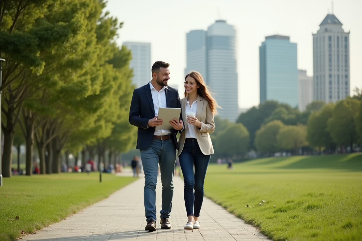 Couple marche dans un parc urbain avec tablette en main