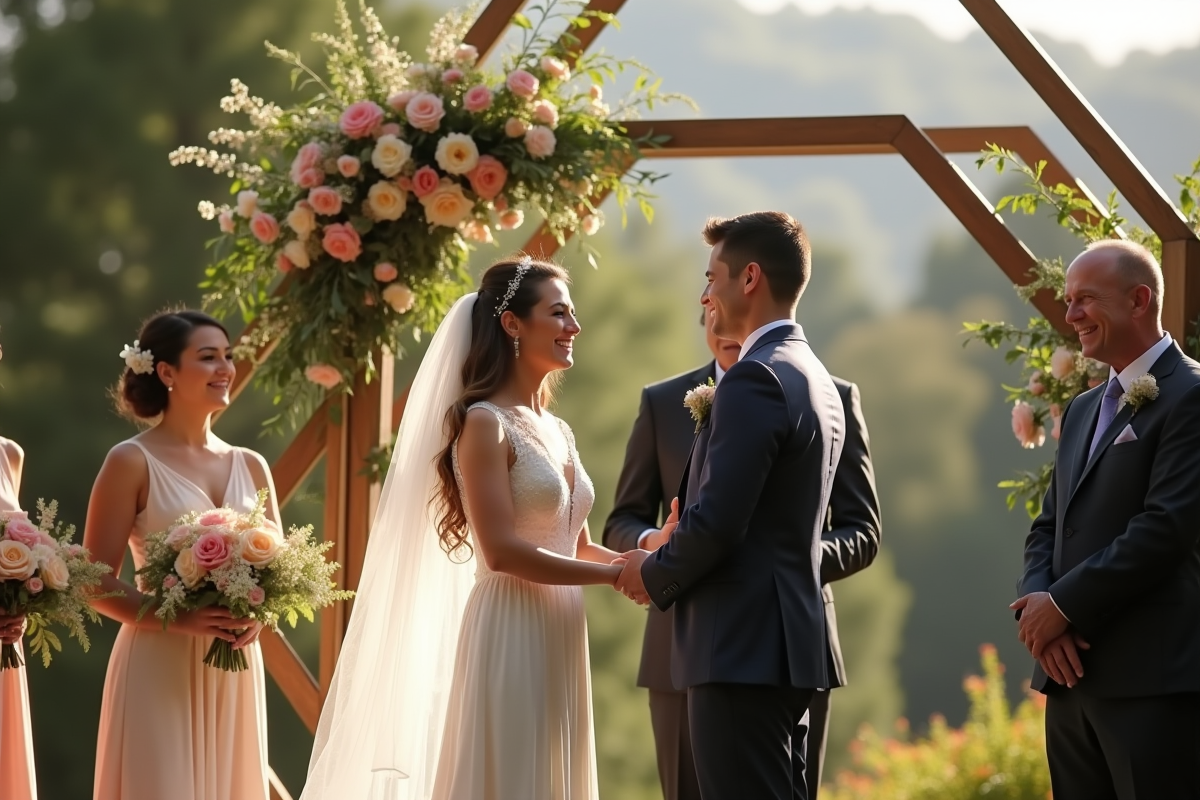 Couple heureux échangeant leurs vœux en extérieur sous un arc géométrique moderne