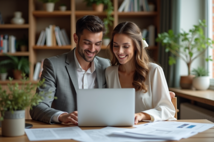 Jeune couple souriant préparant leur mariage à la maison