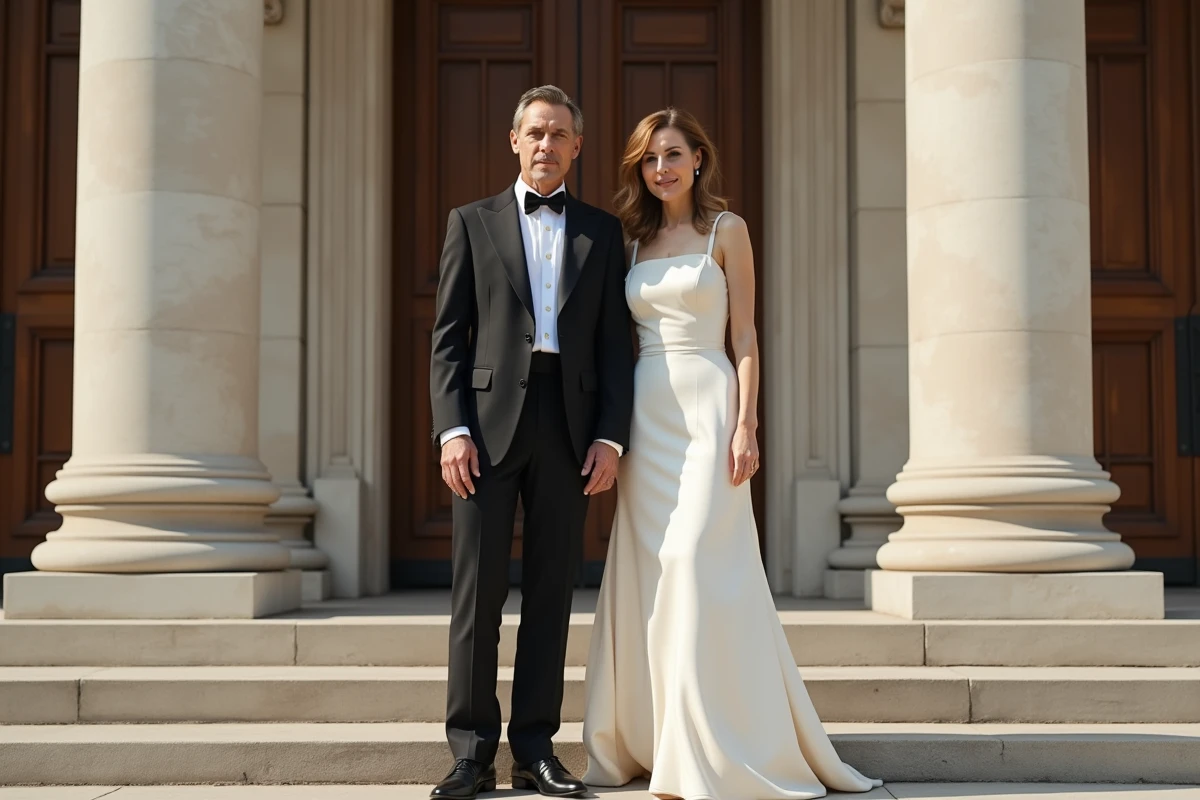 Couple en tenue de mariage formel devant un bâtiment en pierre avec colonnes dans une ville européenne