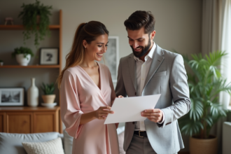 Jeune couple élégant compare des échantillons de tissu pour mariage