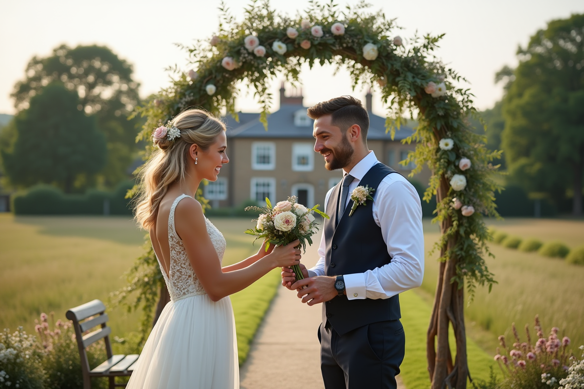 Jeune couple avec arche florale lors d’un mariage champêtre en plein air