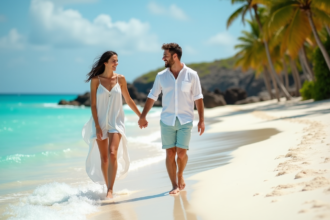 Jeune couple marié sur une plage tropicale ensoleillée