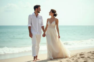 Jeune couple marié sur la plage tropicale ensoleillée