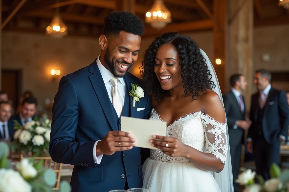 Couple de mariés riant en lisant une carte de félicitations humoristique lors de leur réception de mariage