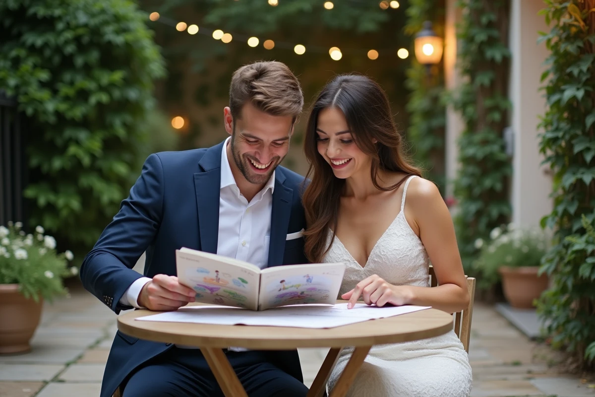Couple de mariés découvrant ensemble leur livret de jeu de mariage personnalisé sur une terrasse de jardin élégante