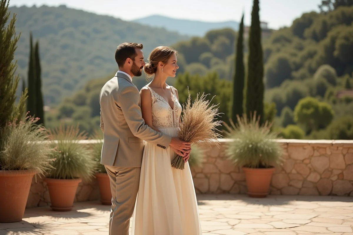 Couple de mariés élégants et écoresponsables sur la terrasse d'un mas provençal dans le Var entouré de plantes méditerranéennes