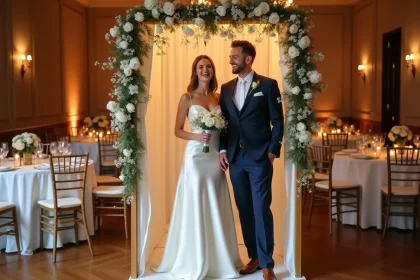 Couple de mariés riant dans un photobooth KRUU décoré de fleurs lors d'une réception de mariage élégante