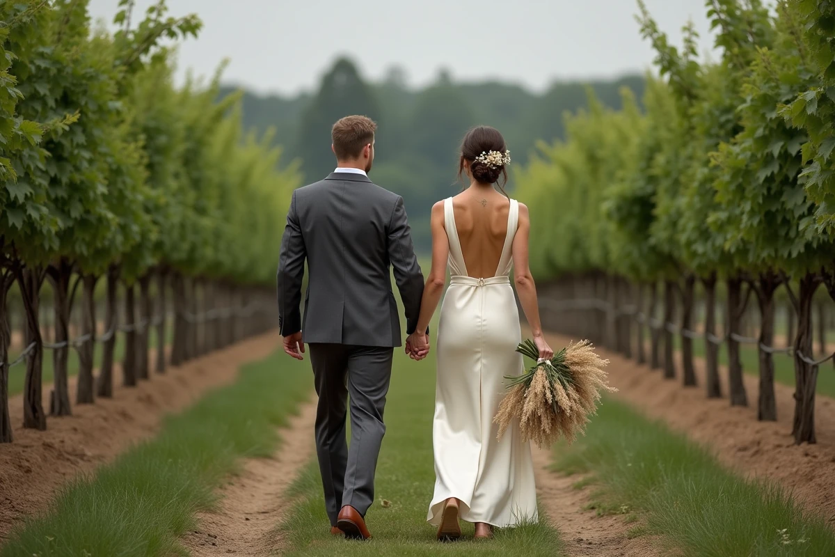 Couple de mariés se promenant main dans la main dans les rangées de vignes d'un domaine viticole lors d'une journée de mariage laïque