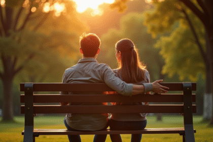 Couple assis sur un banc dans un parc lors de l'heure dorée
