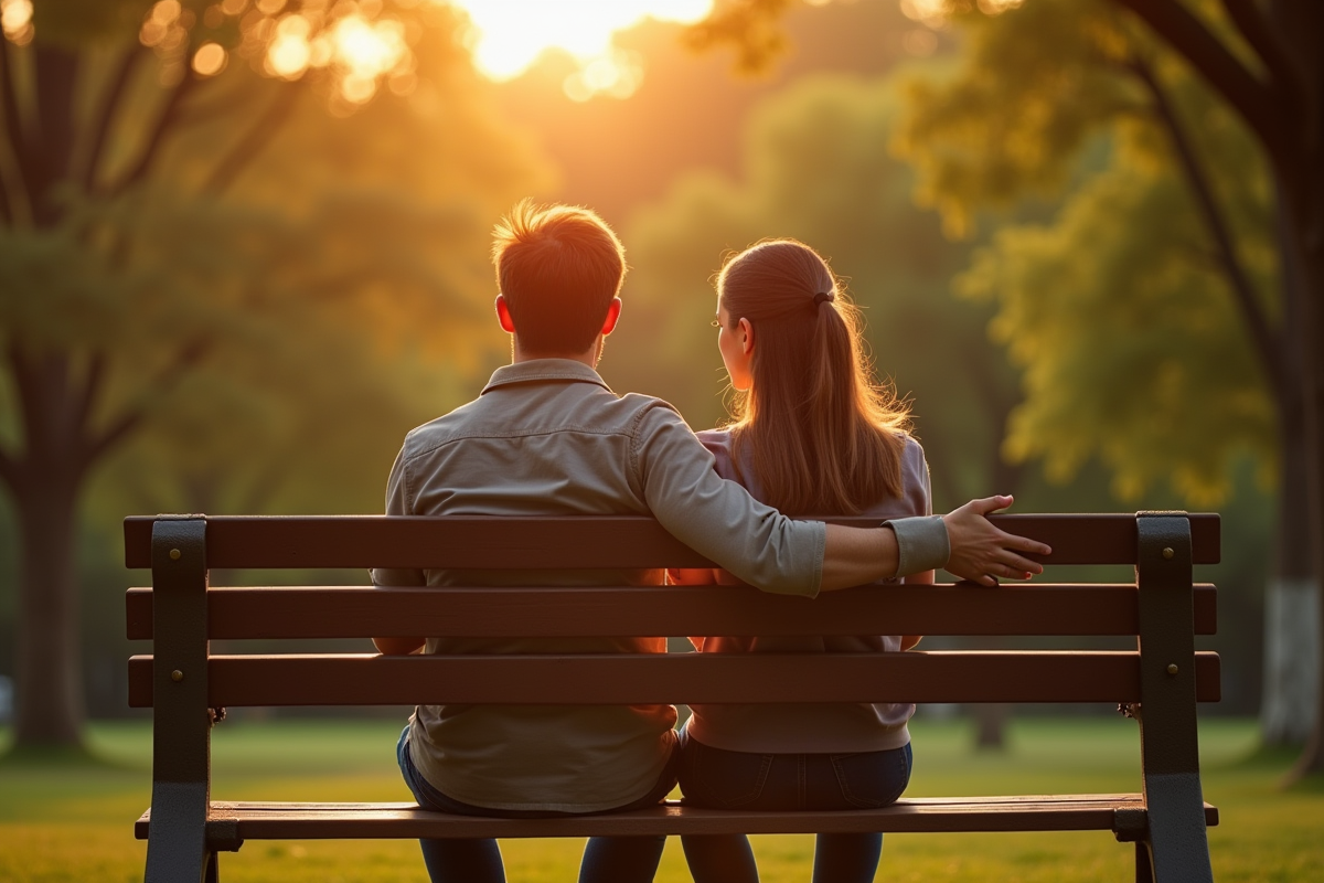 Couple assis sur un banc dans un parc lors de l'heure dorée