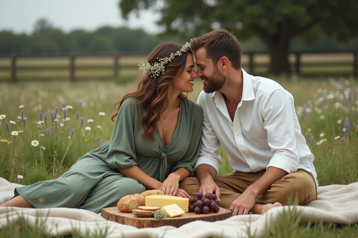 Couple en séance photo champêtre lors d'un pique-nique romantique sur une prairie fleurie avec décoration rustique en bois