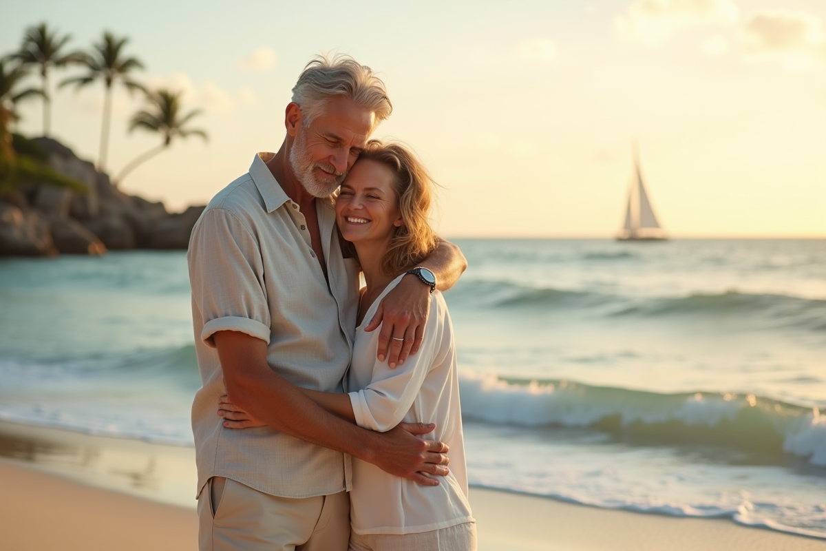 Couple marié embrassant sur une plage au coucher du soleil