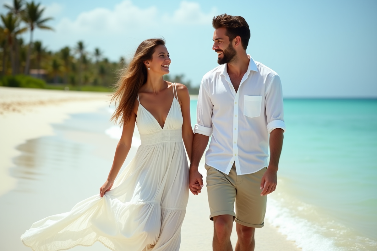 Jeune couple souriant sur une plage tropicale en été