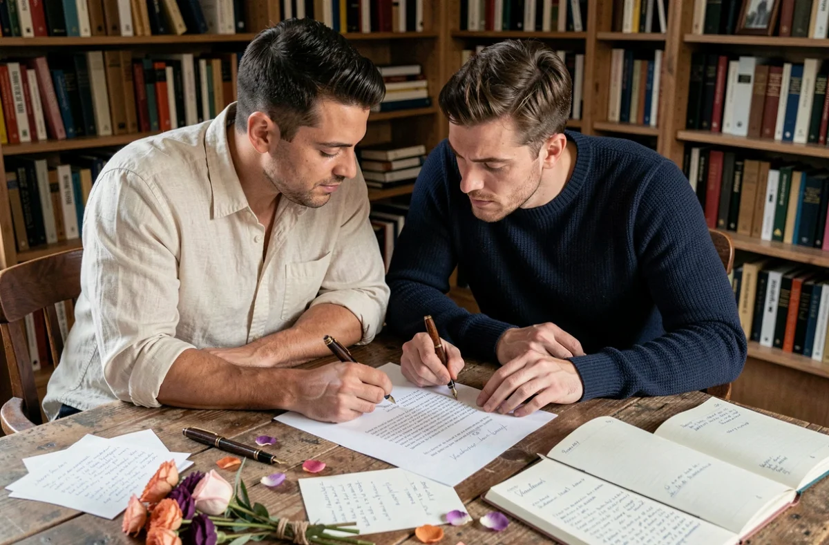 Couple homosexuel masculin préparant le script de leur cérémonie de mariage laïque à leur bureau à domicile
