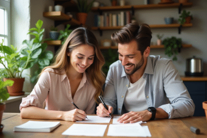 Jeune couple préparant des invitations de mariage à la maison