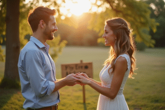 Couple souriant échangeant des alliances en plein air