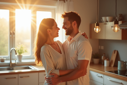 Couple heureux dans une cuisine moderne lumineuse