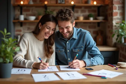 Jeune couple français écrivant des cartes save the date