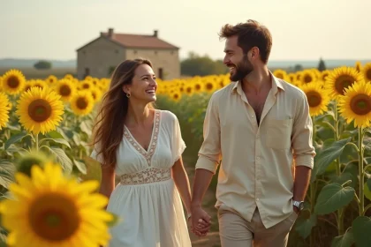 Couple se promenant main dans la main dans un champ de tournesols en pleine campagne française lors d'une séance photo champêtre