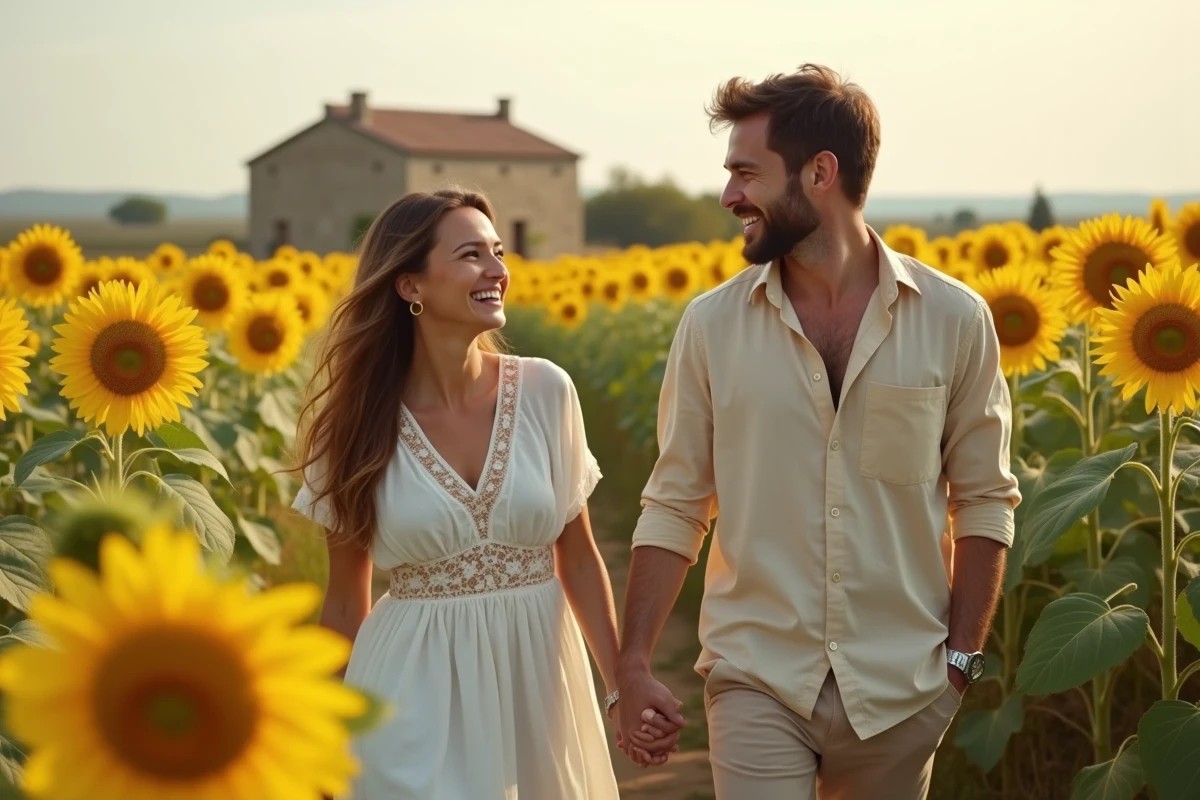 Couple se promenant main dans la main dans un champ de tournesols en pleine campagne française lors d'une séance photo champêtre