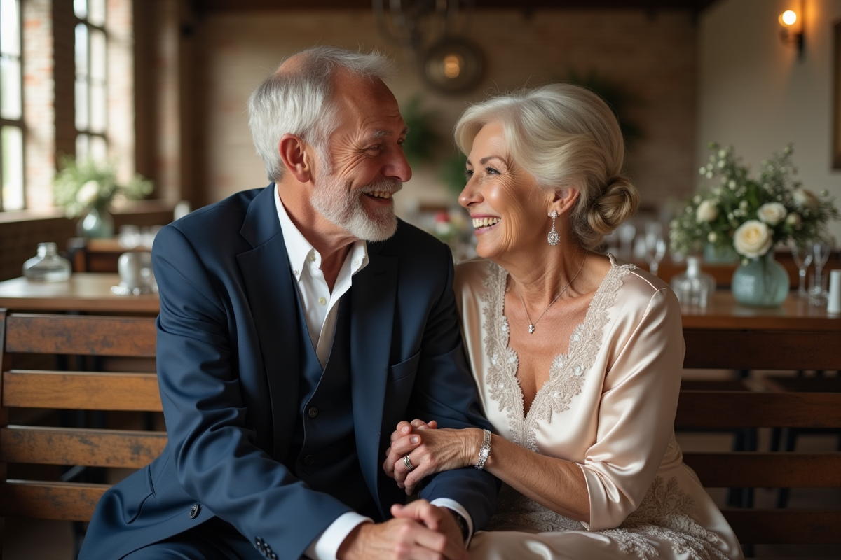 Couple de mariés âgés lors de leur célébration dans une salle chaleureuse