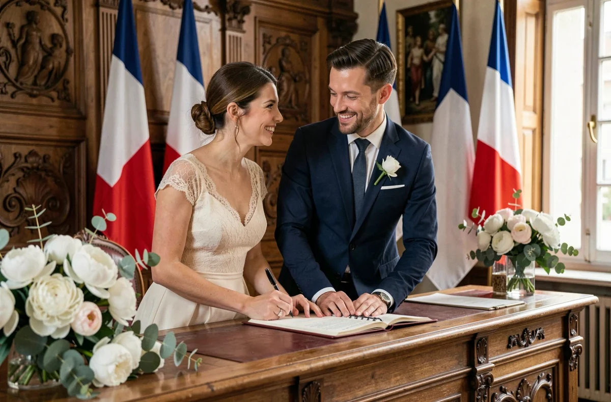 Couple signant le registre lors d'un mariage civil élégant en mairie avec décoration florale en pivoines blanches