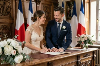 Couple signant le registre lors d'un mariage civil élégant en mairie avec décoration florale en pivoines blanches