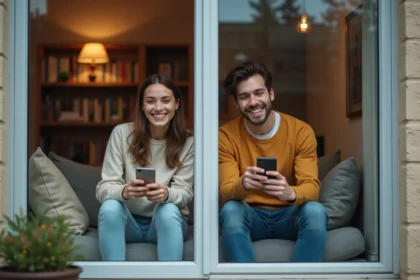 Jeune couple souriant avec smartphone dans leurs appartements