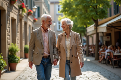 Couple de seniors souriants dans une rue européenne historique
