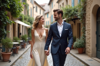 Jeune couple romantique dans un village français